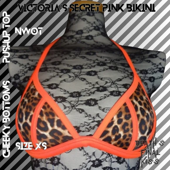 RARE Victoria's Secret PINK Hunter Orange Leopard Cheeky Tiny Pushup Bikini XS - Picture 7 of 15
